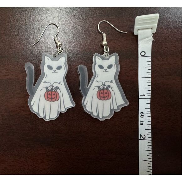 Halloween Sheet Ghost Cat Acrylic Dangle Earrings - Picture 2 of 2